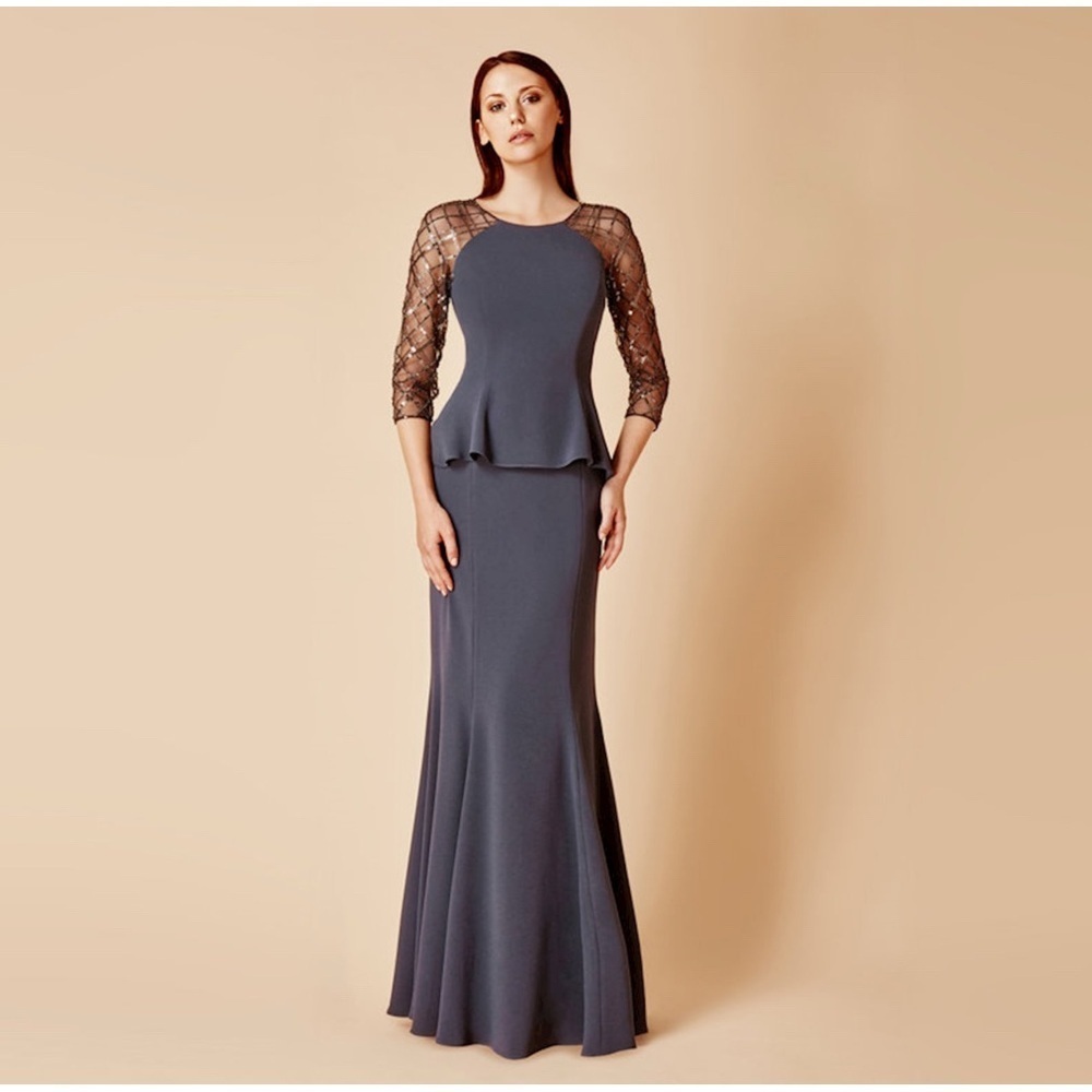 Alexander By Daymor Gray Peplum Gown 3/4 Sequin Sleeves Mother of the Bride